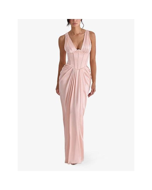 House Of Cb Pink Aliana Lace-Sleeve Satin Mini Corset Dress