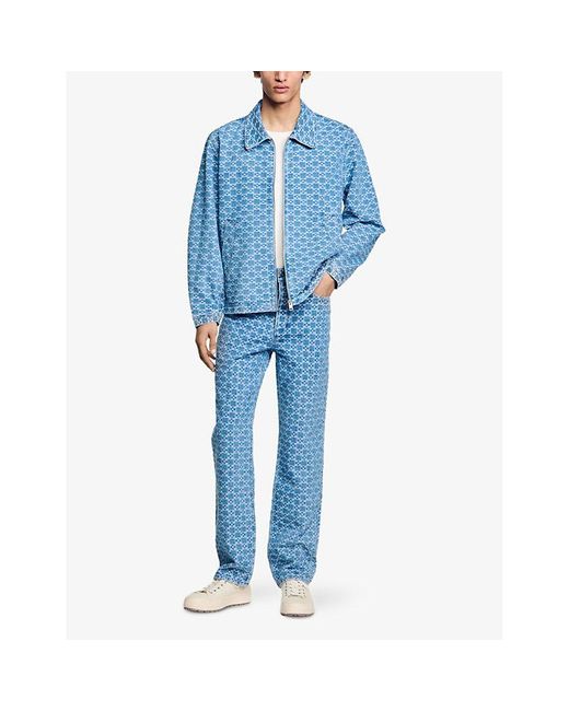 Sandro Blue Monogram-Print Zip-Up Denim Jacket for men