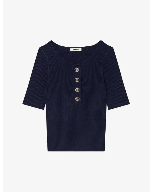 Sandro Blue Button-embellished Ribbed Woven Top