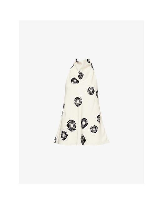 ME+EM White Floral-Print Halter-Neck Silk Top