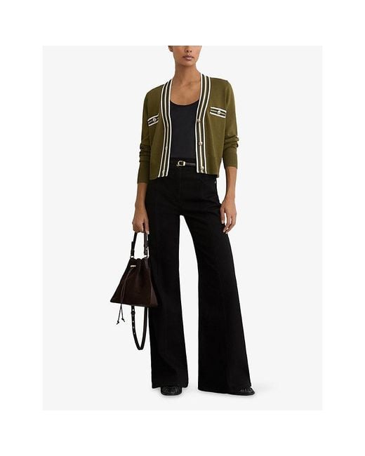 Reiss Green Danni Tipped Button-Through Knitted Cardigan