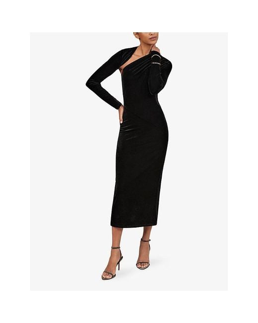 Reiss Black Kass Asymmetric-Neck Stretch-Velvet Midi Dress