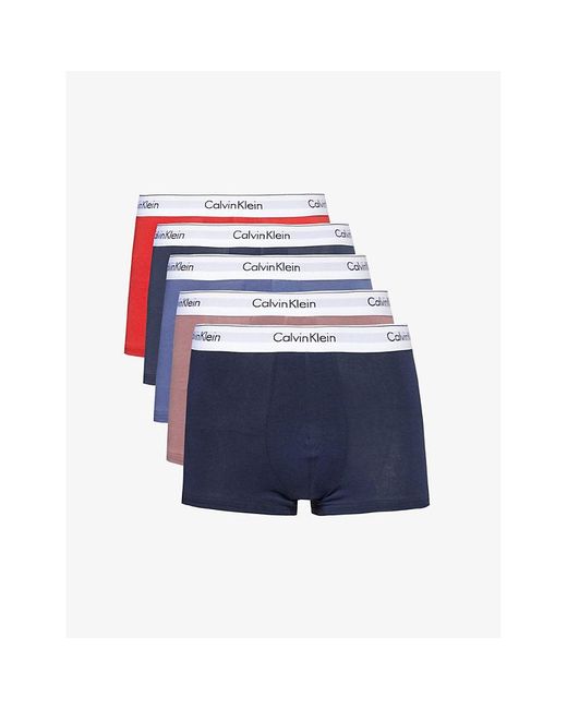 Calvin Klein Blue Logo-waistband Pack Of Five Stretch-cotton Trunks for men