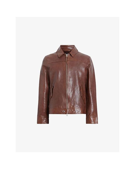 AllSaints Brown Brim Collared Leather Jacket for men