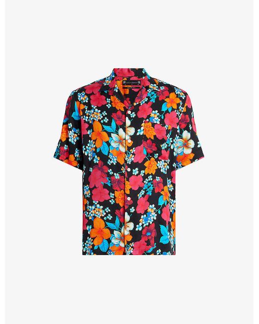 AllSaints Red Spiros Floral-print Relaxed-fit Woven Shirt for men