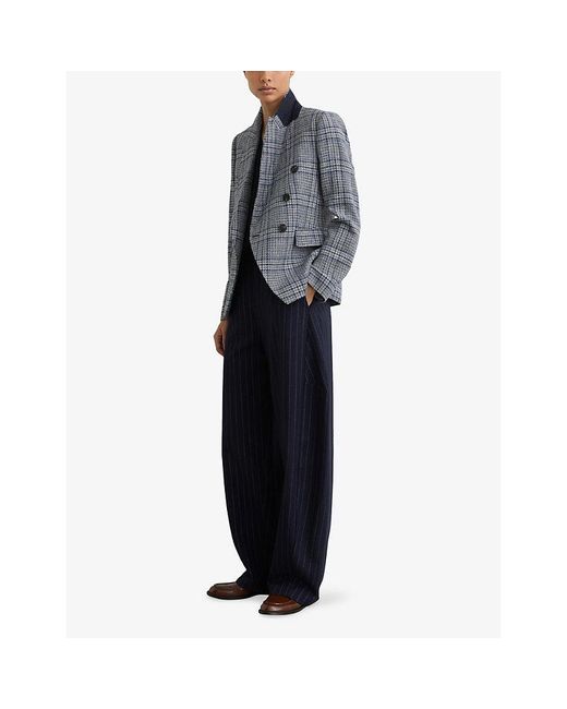Reiss Blue Larissa Double-Breasted Checked Cotton And Linen-Blend Blazer