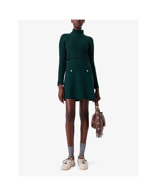 Maje Green Removable-Jumper Long-Sleeve Knitted Mini Dress