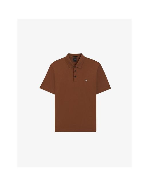 Boss Brown Logo-Embroidered Short-Sleeve Cotton Polo for men