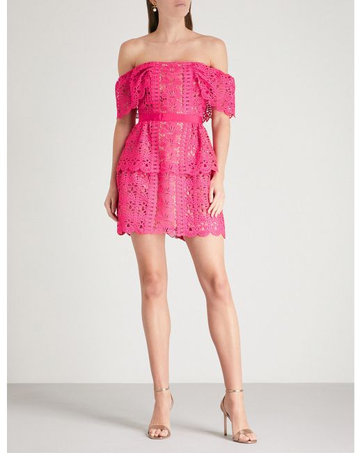 Pink off the shoulder lace dress hotsell