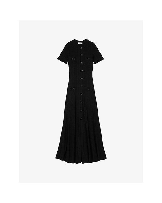 Sandro Contrast-Stitch Short-Sleeve Stretch-Knit Midi Dress in Black | Lyst