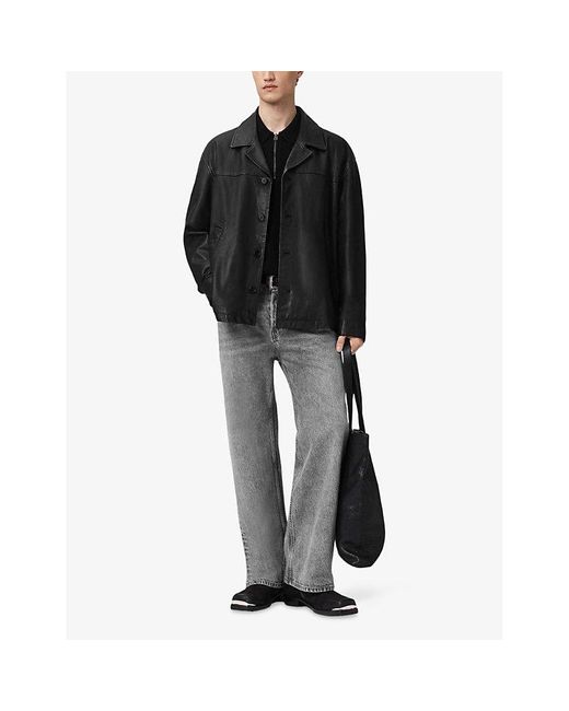 AllSaints Black Bradwell Lapel-Collar Leather Coat for men