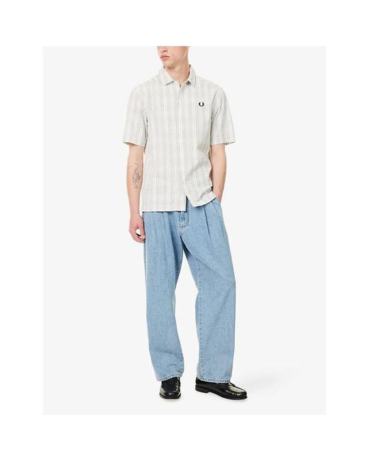 Fred Perry White Checked Cotton Seersucker Shirt for men