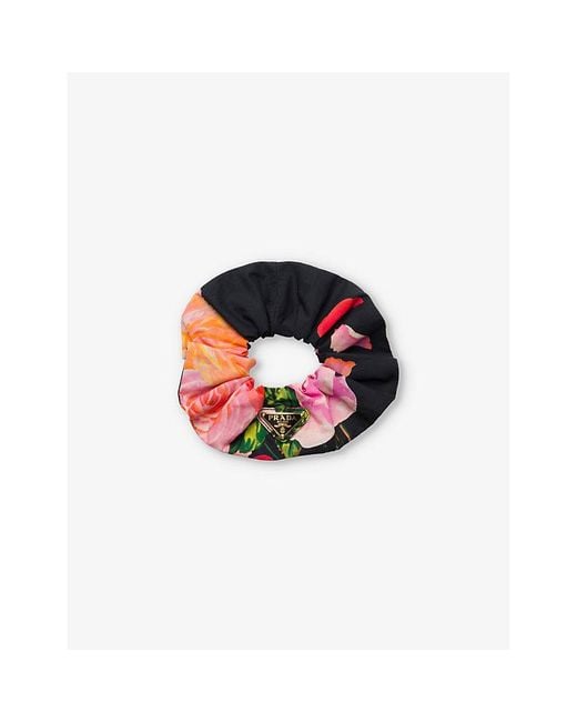 Prada Black Logo-plaque Floral-print Fabric Scrunchie