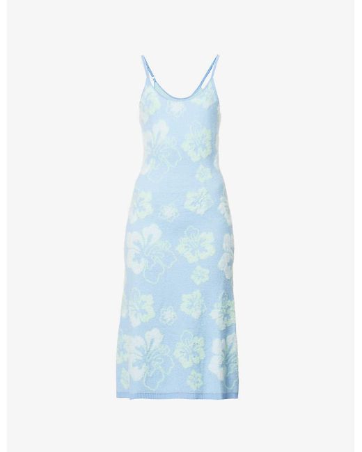 House Of Sunny Womens Scuba Blue Blue Crush Floral-pattern Stretch-knit Midi Dress 12