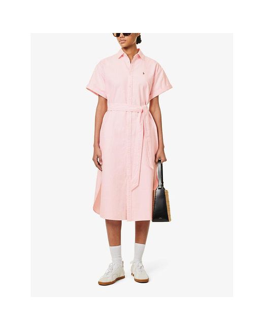 Polo Ralph Lauren Pink Logo-embroidered Belted Cotton-piqué Midi Dress X