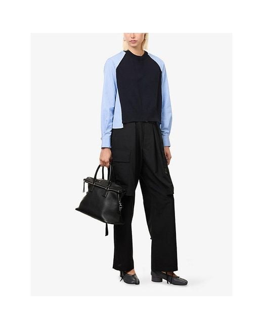 Sacai Blue Striped Contrasting-Panel Cotton Jumper