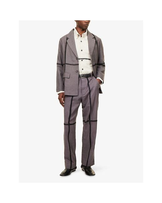 Kartik Research Gray Wrinkled Contrast-Stitch Cotton Trousers for men
