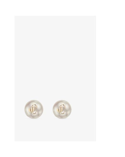 Jimmy Choo White Jc Logo-Embellished-Toned Brass And Pearl Stud Earrings