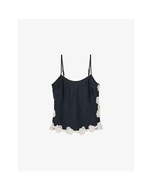 Reiss Black Doa Floral-Lace Stretch-Satin Top