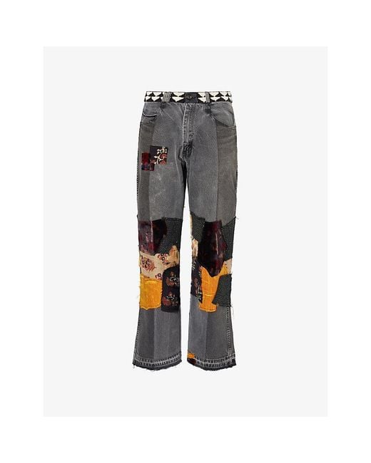 Kartik Research Gray Manali Patchwork Bead-Embroidered Denim Trousers for men