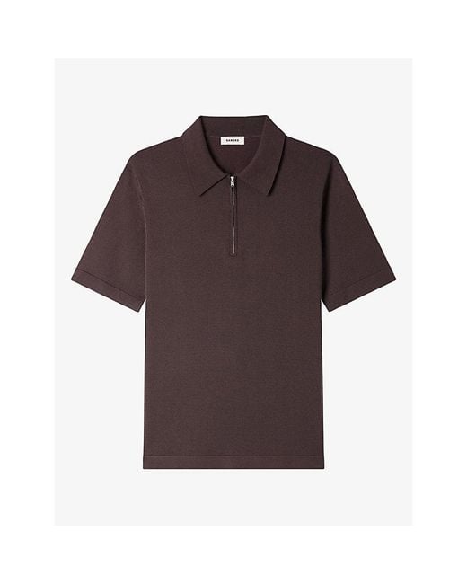 Sandro Brown Zipped Stretch-Woven Polo Shirt for men