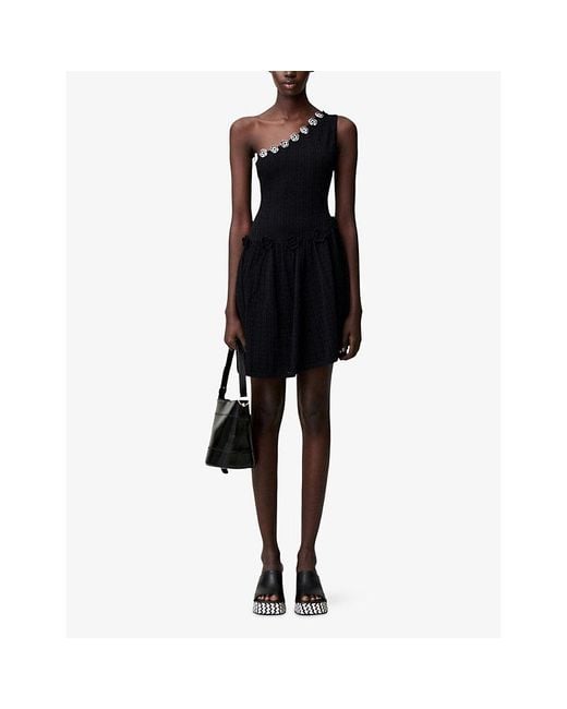 Claudie Pierlot Black Asymmetric Crochet-Flower Knitted Mini Dress