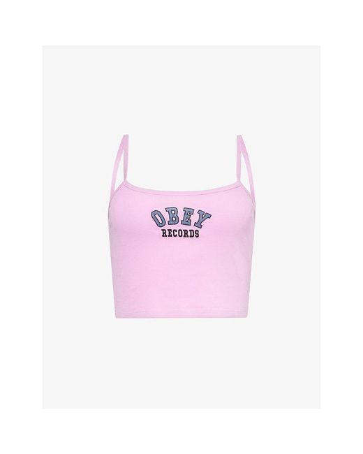 Obey Pink College Records Slogan-print Cotton-jersey Top