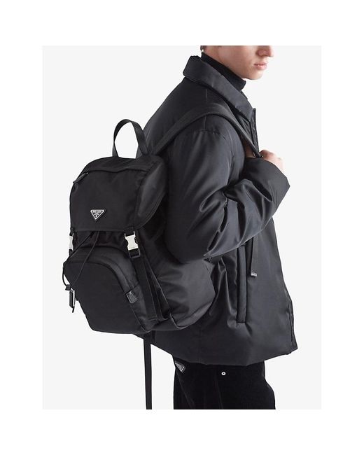 Prada Black Re-nylon Brand-plaque Recycled-polyamide And Saffiano Leather Backpack