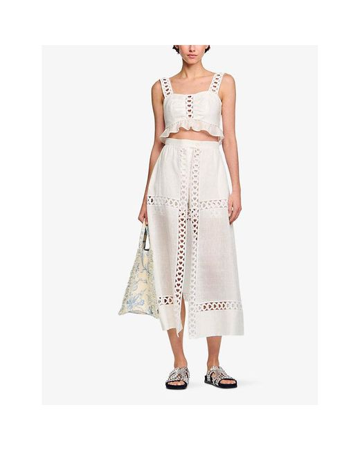 Sandro White Open-embroidered Linen-blend Maxi Skirt