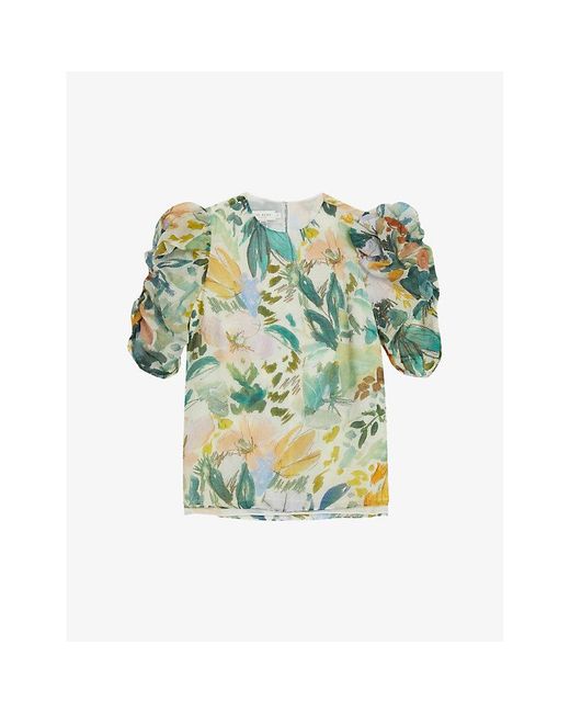 Ted Baker Blue Oasia Floral-print Puff-sleeve Woven Top