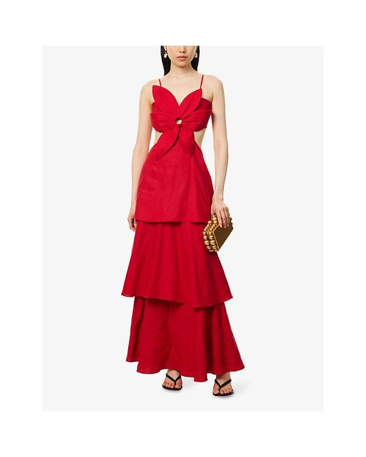 FARM Rio Flower-Appliqu Ruffled Linen-Blend Maxi Dress in Red | Lyst