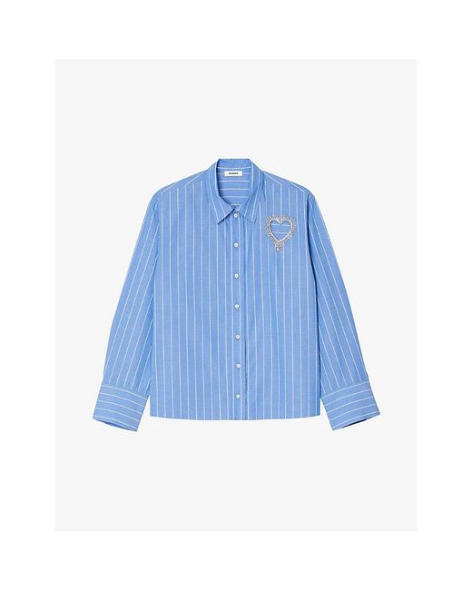 Sandro Blue Cut Out-heart Striped Cotton Shirt