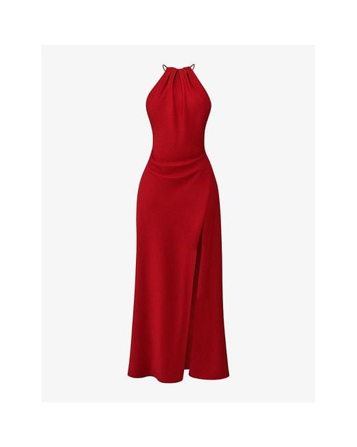House Of Cb Red Zanab Halter-neck Thigh-split Woven Maxi Dress