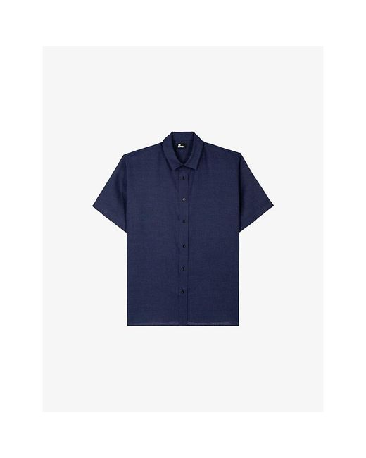 The Kooples Blue Short-Sleeved Brand-Embroidered Linen Shirt for men