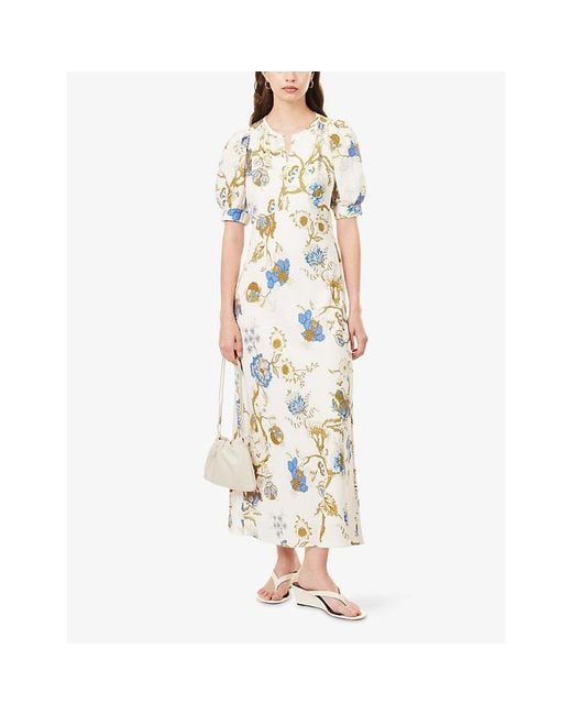 ME+EM Metallic Floral-Print Puff-Sleeve Linen-Blend Maxi Dress