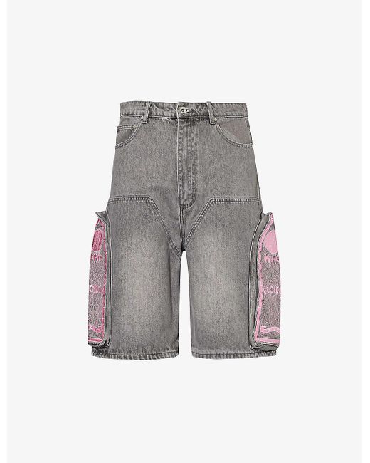 Who Decides War Gray Motif-embroidered Brand-patch Denim Shorts for men
