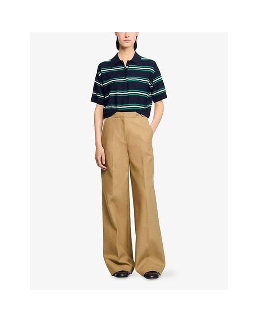 Sandro Green Stripe Polo-Neck Knitted Top