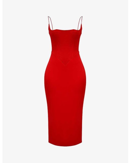 House Of Cb Red Anais Slim-fit Satin Midi Dress