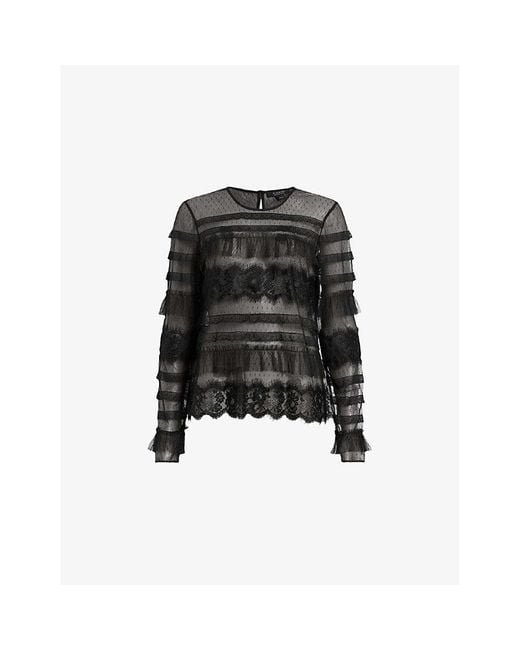 AllSaints Black Arlea Lace-Trim Long-Sleeve Woven Top