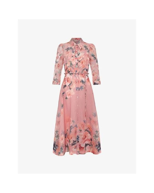 Phase Eight Pink Anabella Floral-Print Linen-Blend Midi Dress