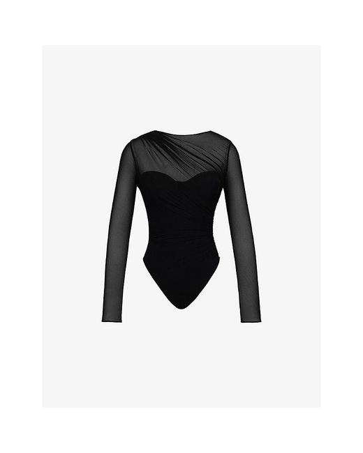 House Of Cb Black Orelia Draped Stretch-Mesh Bodysuit