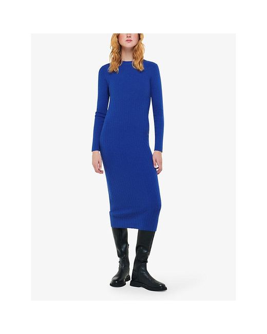 Whistles Blue Round-neck Ribbed Knitted Midi Dress