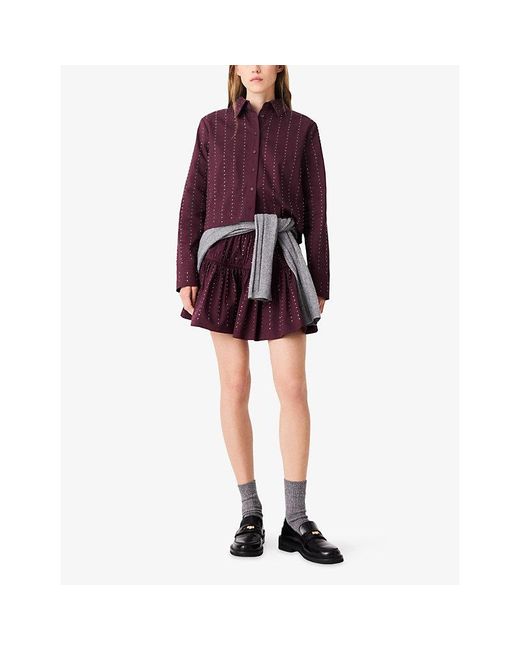 Maje Purple Cropped Rhinestone-Embellished Stretch Cotton-Blend Shirt