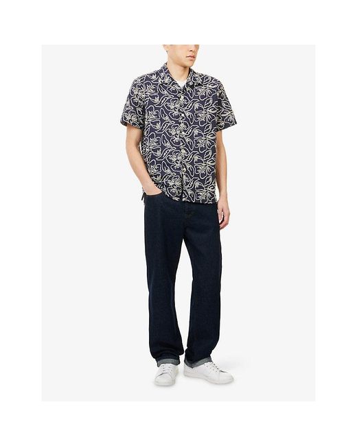 Paul Smith Blue Floral-Embroidered Short-Sleeve Cotton-Blend Shirt for men