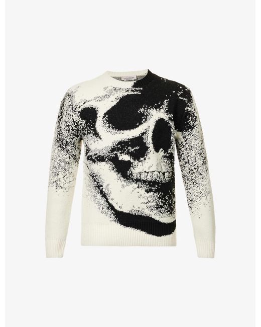 Alexander McQueen Faded Skull-embellished Cotton And Wool-blend Jumper in  Black for Men | Lyst