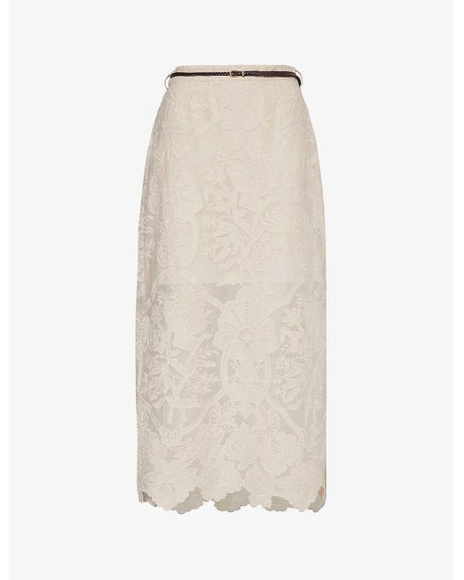 Zimmermann Natural Ottie Floral-embroidered Linen Midi Skirt
