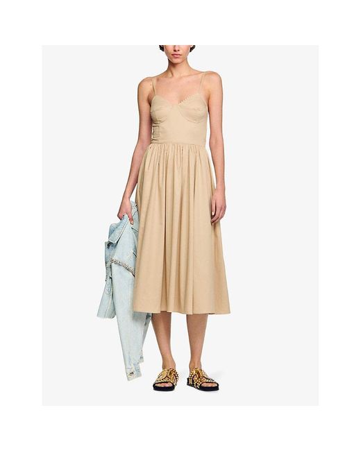 Sandro Natural Corset-top Flared-skirt Stretch-cotton Midi Dress