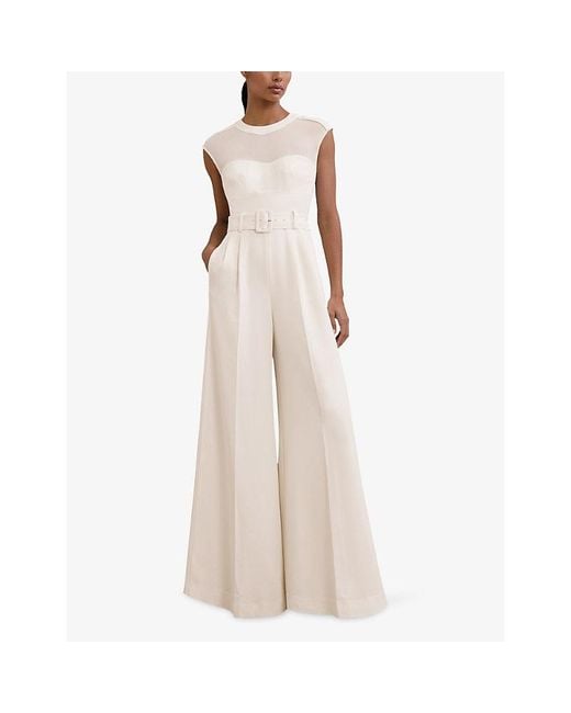 Reiss White Alba Belted-Waist Stretch-Woven Jumpsuit