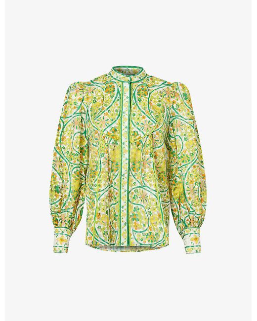 ALÉMAIS Green Rhonda Graphic-pattern Cotton And Silk-blend Blouse