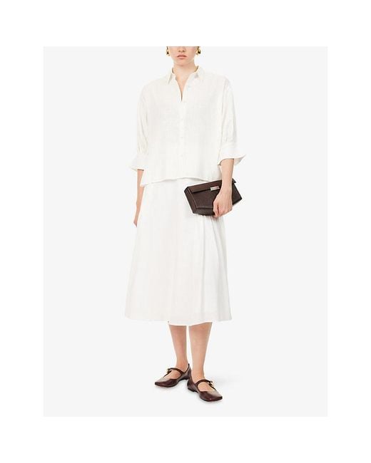 Yasmina Q White Soline Pleated Linen-Blend Midi-Skirt